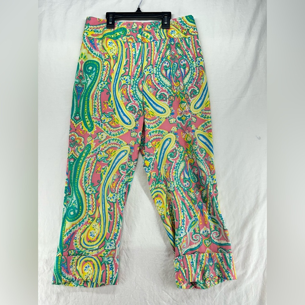 J. McLaughlin Randi Pink Green Paisley Capri Pants Sz 2 Cuffed Silk Blend Resort